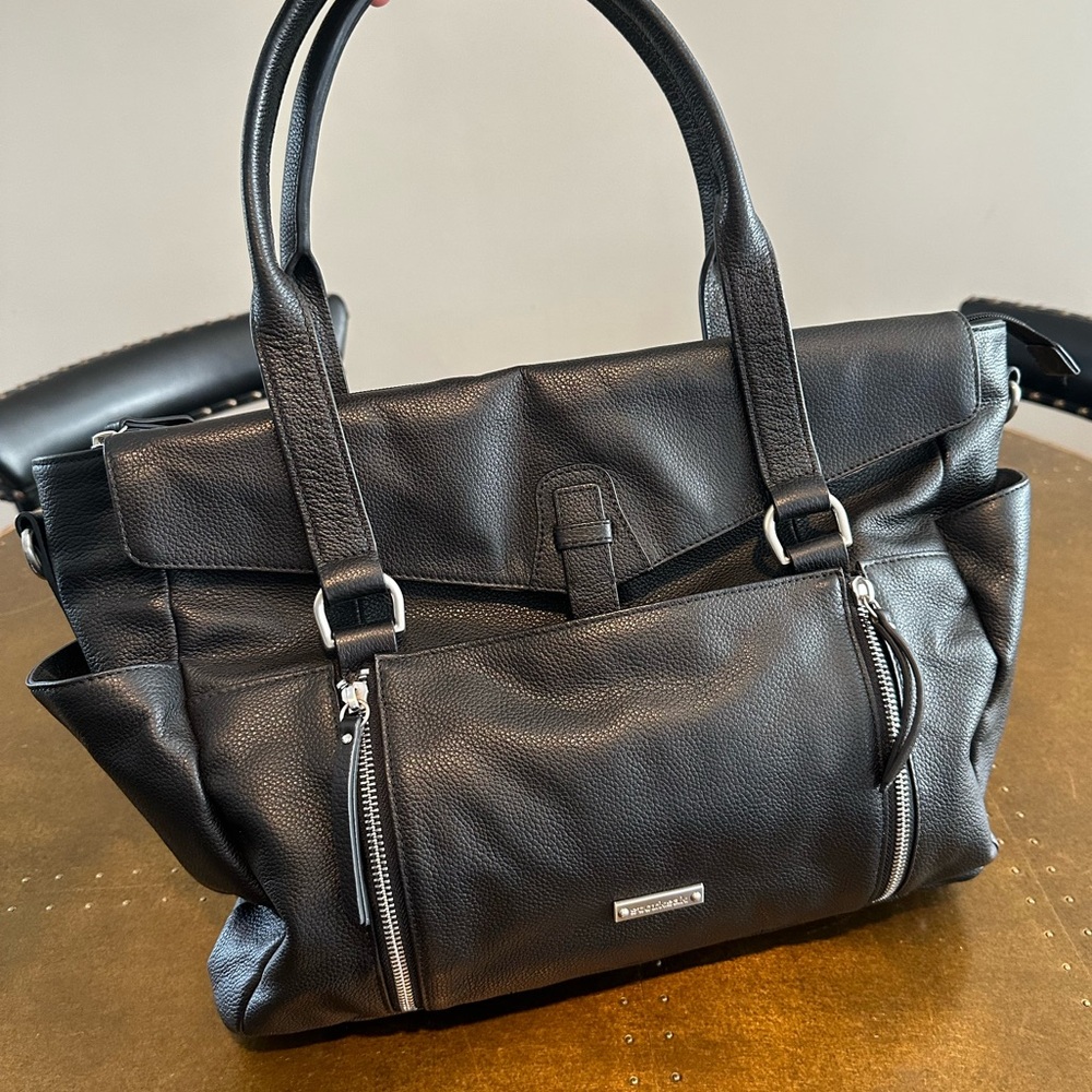Storksak Black Leather Shoulder Diaper Bag